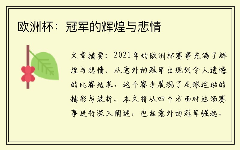 欧洲杯：冠军的辉煌与悲情