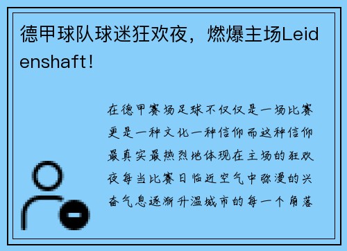 德甲球队球迷狂欢夜，燃爆主场Leidenshaft！